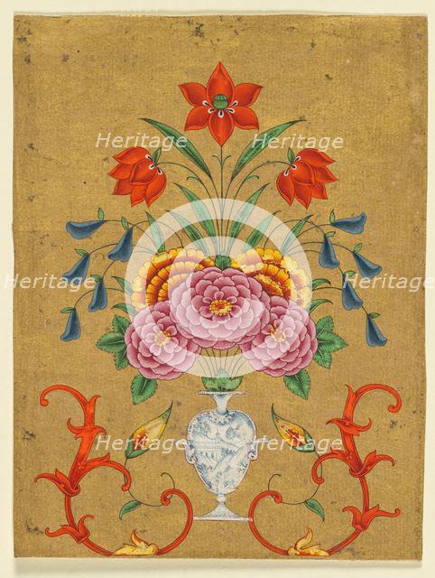 Vase with flower arrangement and scrollwork, c. 1750-1800. Creator: Unknown.