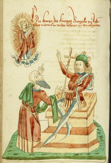 The Counsellor of King Avenir before Josaphat, who Gestures to the Virgin in Heaven, 1469. Creators: Hans Schilling, Diebolt Lauber.