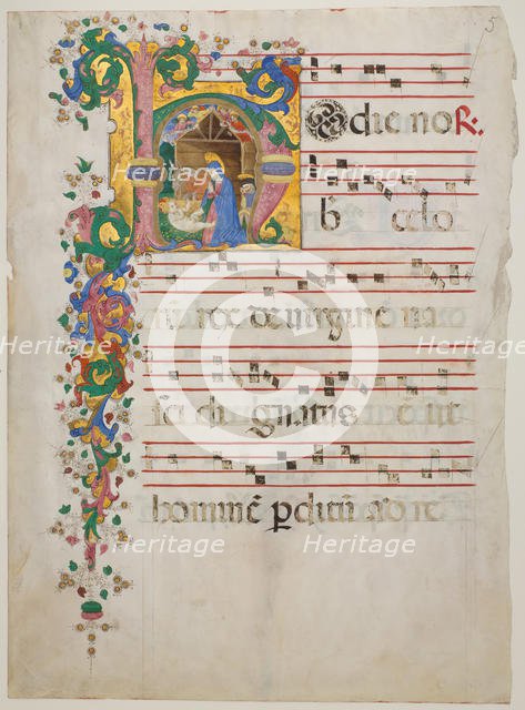 Manuscript Leaf with the Nativity in an Initial H, from an Antiphonary, second half 15th century. Creator: Master of the Riccardiana Lactantius.