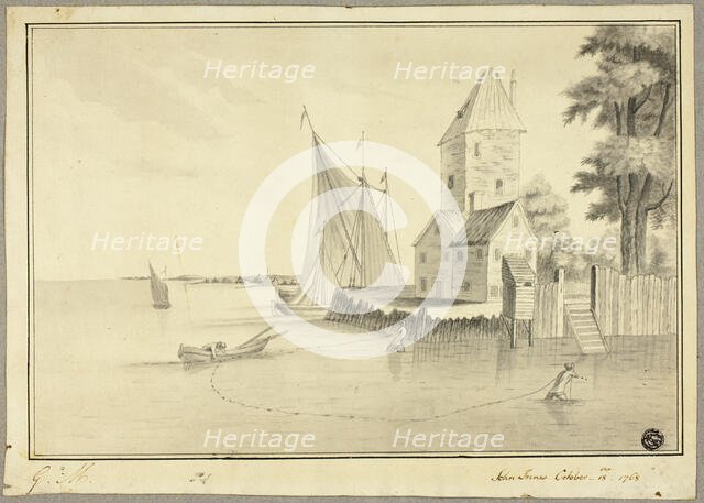 Fishermen Mooring Boat at Landing, 1768. Creator: John Innes.