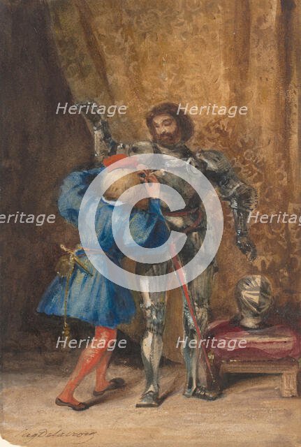Goetz von Berlichingen Being Dressed in Armor by His Page George, 1826-27. Creator: Eugene Delacroix.