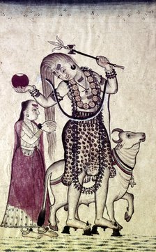 Siva, followed by his consort Parvati, walking with the Bull, Nandi, c1730.  Artist: Unknown.