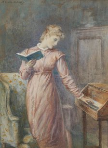 A lady reading while playing the spinet. Creator: Hughes, Arthur Foord (1856-1934).