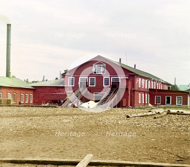 View of the sawmill, Kovzha [Russian Empire], 1909. Creator: Sergey Mikhaylovich Prokudin-Gorsky.