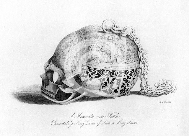 Memento-Mori watch presented by Mary Queen of Scots to Mary Seaton, 16th century, (1840).Artist: C J Smith