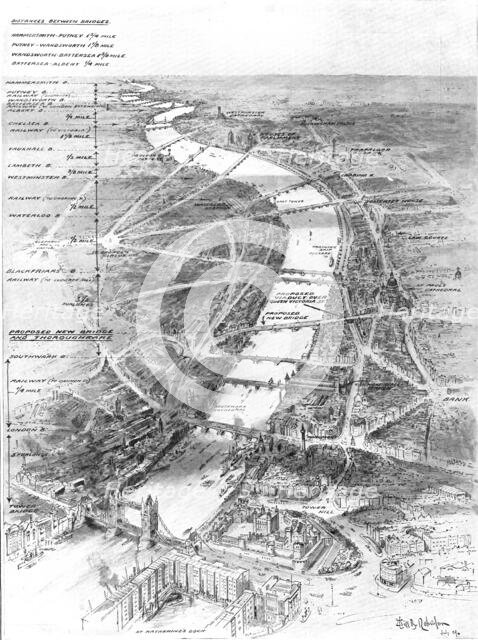 London's bridges - are they too far apart?, 1909. Creator: Will B. Robinson.