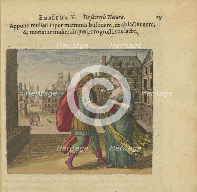 Emblem 5. Put the toad on the woman's breast so that it sucks, and the woman dies, and the..., 1618. Creator: Merian, Matthäus, the Elder (1593-1650).
