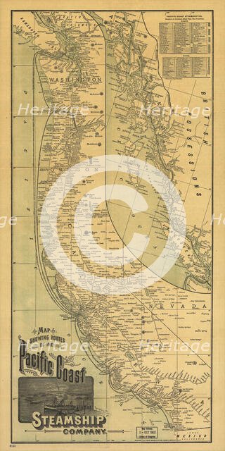 Map showing routes of the Pacific coast Steamship Company, 1891. Creator: Rand McNally.