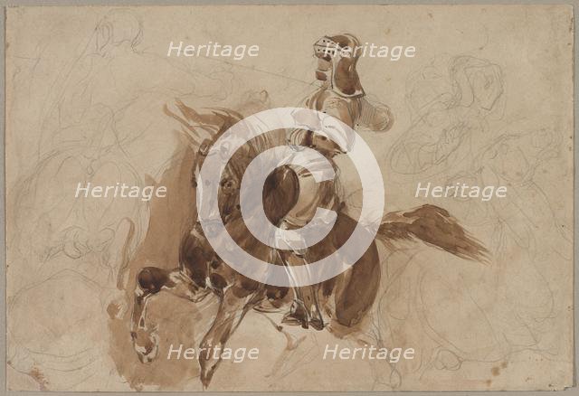 Armored Figure on Horseback (recto); Horse in Front of a Barn (verso), c. 1828. Creator: Eugène Delacroix (French, 1798-1863).