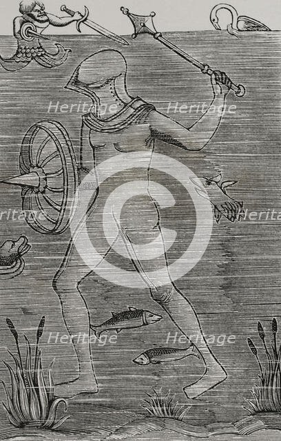 Man-at-arms: Diver using an armoured sealed diving suit to breathe, 1532, (1877).  Creator: Unknown.