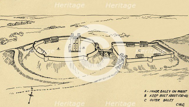 'Bird's Eye View of Castle Hedingham, Essex (Partial Reconstruction.)', (1931). Artist: Charles Henry Bourne Quennell.