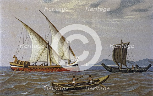 Phoenician trade ship and fishing boats, lithograph, 1875.