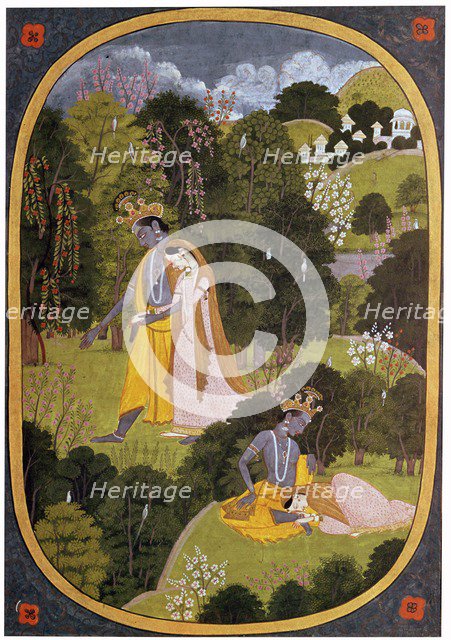 Painting of Radha and Khrishna in a grove. Artist: Unknown