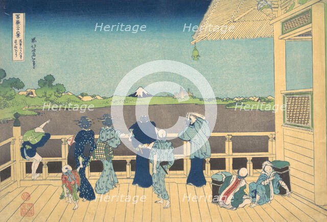 Sazai Hall at the Temple of the Five Hundred Arhats (Gohyaku Rakanji Sazaido), from..., ca. 1830-32. Creator: Hokusai.