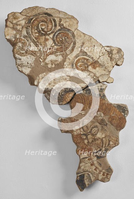 Fragment of a mural with a three-eyed demon with skulls in their hair, 8th-9th century. Creator: Sogdian Art.