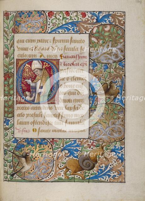 Initial O: Saint Nicholas Blessing a Child; Book of Hours, about 1480-1490. Creator: Georges Trubert.