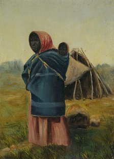 A woman carrying a baby on her back, a tent in the background, between 1800 and 1899. Creator: Unknown.
