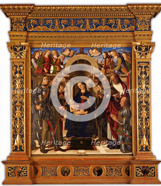 Pala Oliva. Madonna and Child enthroned between Saints George, Francis of Assisi…, 1489. Creator: Santi, Giovanni (ca 1435-1494).