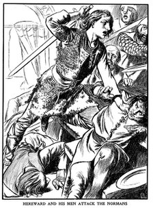 Hereward the Wake, Anglo-Saxon rebel, attacking Peterborough Abbey, 1070 (early 20th century) Artist: Unknown