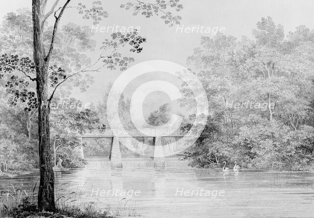 Bridge over Crumelbow Creek, David Hosack Estate, Hyde Park, New York..., ca. 1832. Creator: Thomas Kelah Wharton.
