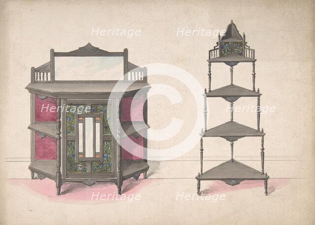 Design for a Mirrored Cabinet and a Set of Corner Shelves, 19th century. Creator: Anon.