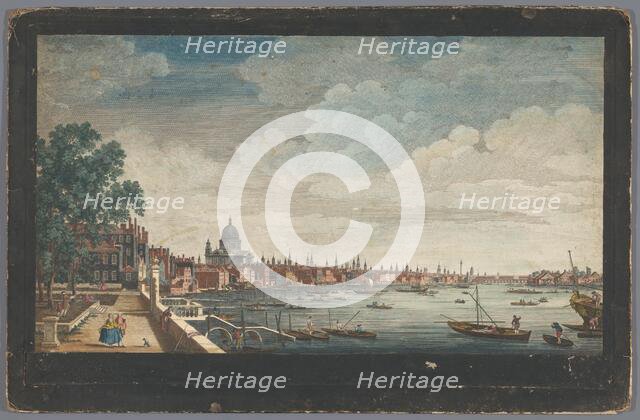 View of London Bridge over the River Thames in London, seen from the garden of Somerset House, 1750. Creator: Edward Rooker.