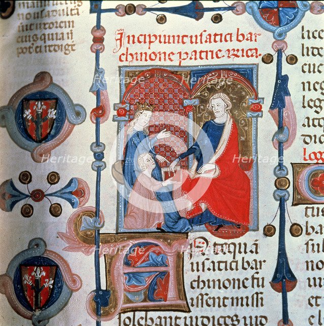  'The Collector (Pere Albert) featuring the codex to the prince', Miniature in the 'Usatges de Ba…