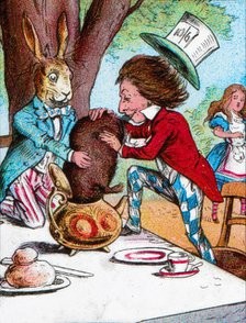 'The Mad Hatter and the March Hare trying to put the Dormouse into a teapot', c1910. Artist: John Tenniel.