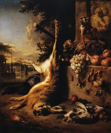 Dead game, monkey and fruit in front of a landscape, 1709. Creator: Jan Weenix.