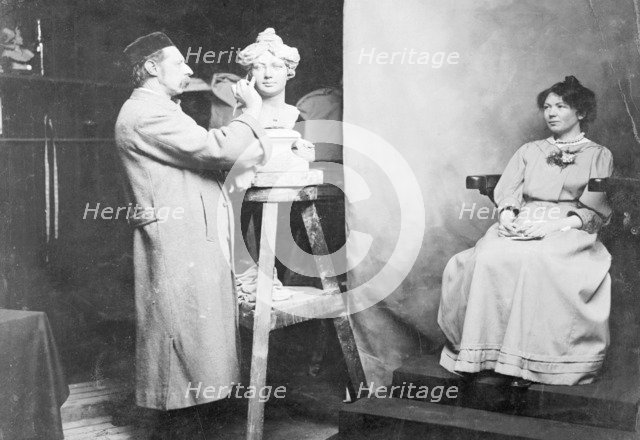 Christabel Pankhurst being modelled at Madam Tussaud's by Mr Tussaud, c1908. Artist: Unknown