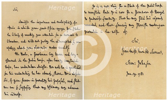 Letter from Dr Samuel Johnson to Warren Hastings, 29th January 1781.Artist: Dr Samuel Johnson