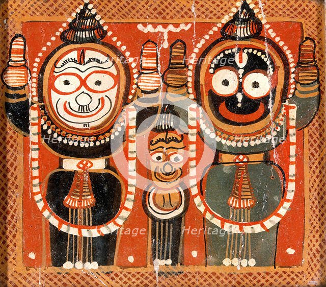 Balarama and Jagannath holding up their hands with Subhadra between them. Creator: Painter of Puri, Odisha.