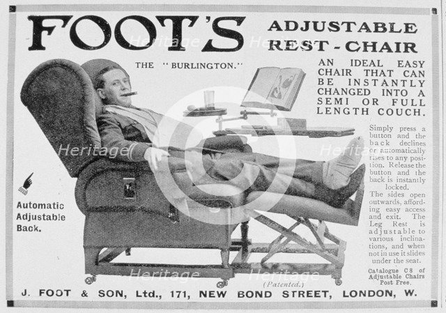 Advert for Foot's 'Burlington' adjustable rest-chair, 1916. Artist: Unknown