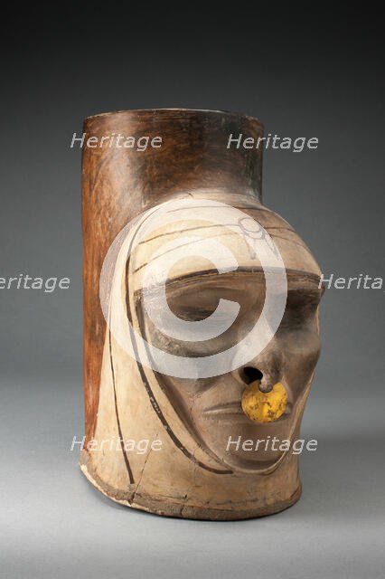 Fragment of a Jar in the Form of a Human Head, Possibly Deceased, Wearing a Nosering, 100 BC/AD 500. Creator: Unknown.