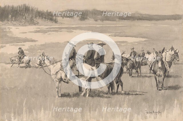 On the Head-Waters--Burgess Finding a Ford, ca. 1893. Creator: Frederic Remington.