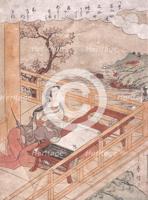 Beauty on a Balcony, Gazing at the Moon, between c1765 and c1770. Creator: Suzuki Harunobu.