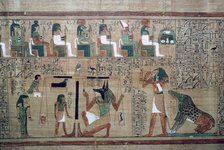 Egyptian papyrus with a depiction of the 'weighing of the heart'. Artist: Unknown