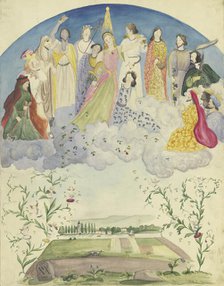 Flora scattering and spilling flowers across a landscape, surrounded by Dionysian..., 1844. Creator: Victor Muller.