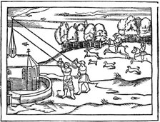 Using astrolabes to calculate the height of a steeple, 1539. Artist: Petrus Apianus