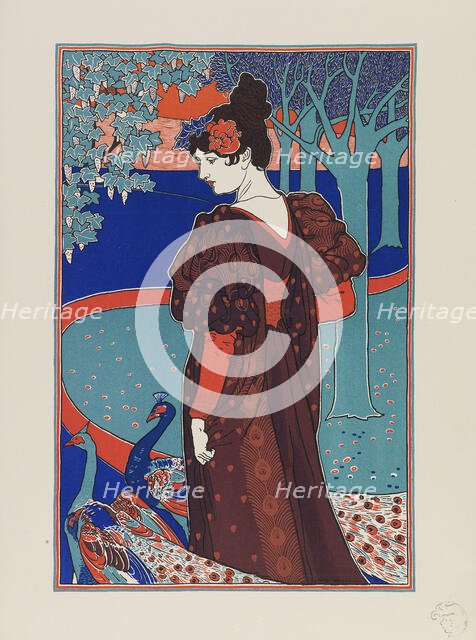 Woman with Peacocks, ca 1897. Creator: Rhead, Louis John (1858-1926).