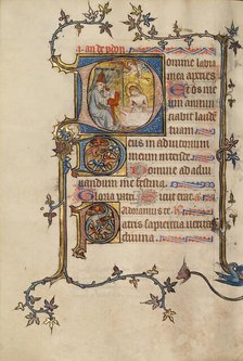 Initial D: Pope John XXII(?) Writing before the Man of Sorrows; Bute Psalter, about 1330. Creator: Atelier of the Passion Master.