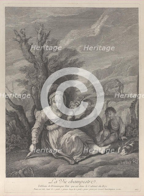 A country woman sitting in landscape with two boys at her side, 1729-40. Creator: Gérard Jean-Baptiste Scotin.