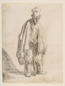 Beggar in a High Cap, Standing and Leaning on a Stick, ca. 1629. Creator: Rembrandt Harmensz van Rijn.