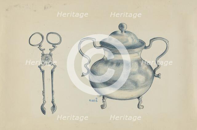 Silver Sugar Bowl and Tongs, c. 1936. Creator: Margaret Stottlemeyer.