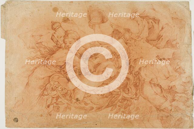 Allegorical Figures Holding the Papal Insignia, study after the Allegory of Divine..., c.1650. Creator: Luca Giordano.