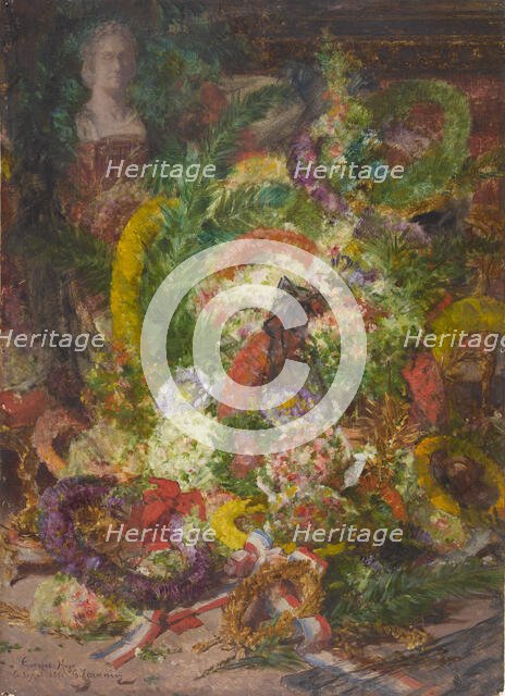 Flowers and wreaths in the burial chamber, 1885. Creator: Georges Jeannin.