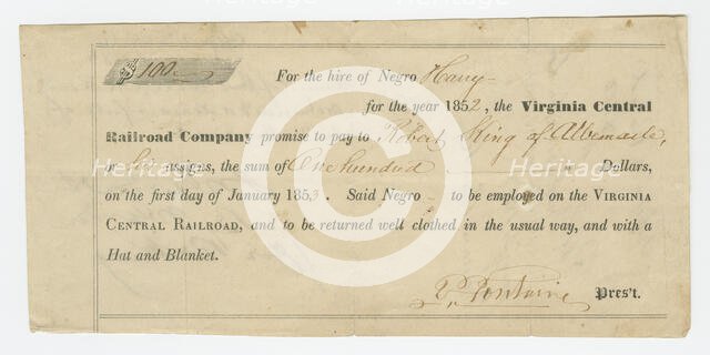 Bond for the hire of enslaved man named Harry by the Virginia Central Railroad, 1852. Creator: Unknown.