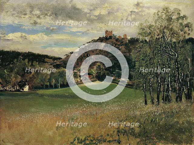 The dairy meadow in Vorderbrühl with the Mödling ruins, 1885. Creator: Anton Romako.