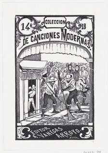 Two men sweeping the street while a crowd of people in the background watch, illu..., ca. 1880-1910. Creator: José Guadalupe Posada.