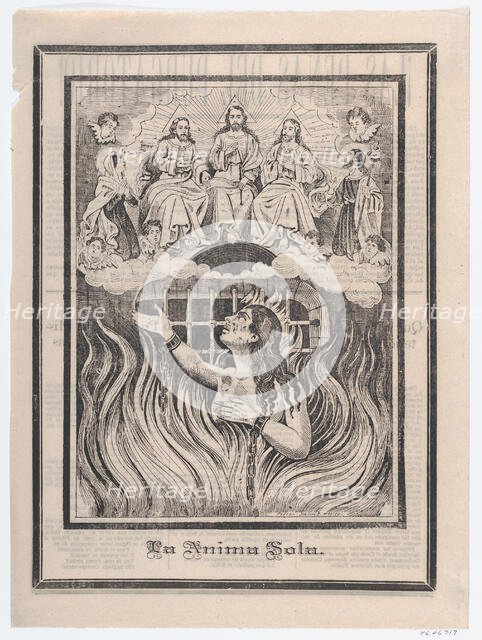 Broadsheet with image of a chained woman in purgatory and the Holy Trinity above,..., ca. 1900-1910. Creator: José Guadalupe Posada.